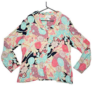 Zoe Floral Button Blouse Large Pink Teal Lace Back‎ Boho Cottagecore USA